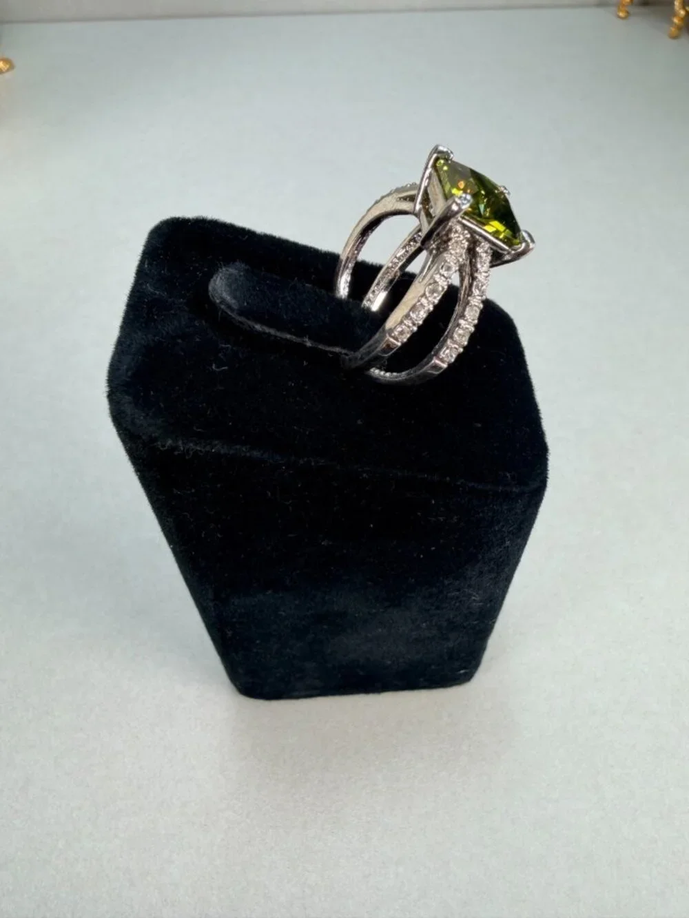 Huge Olive Green Princess Cut Statement Ring Pave CZ Silver Tone Size 7.5